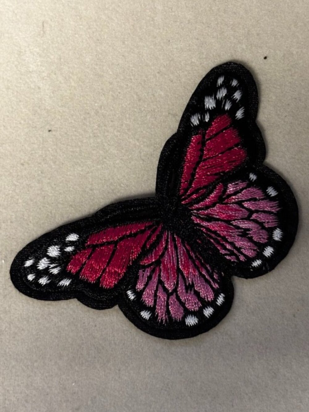 Pink Butterfly Embroidered Patch Iron-On Appliqué Black White Detail